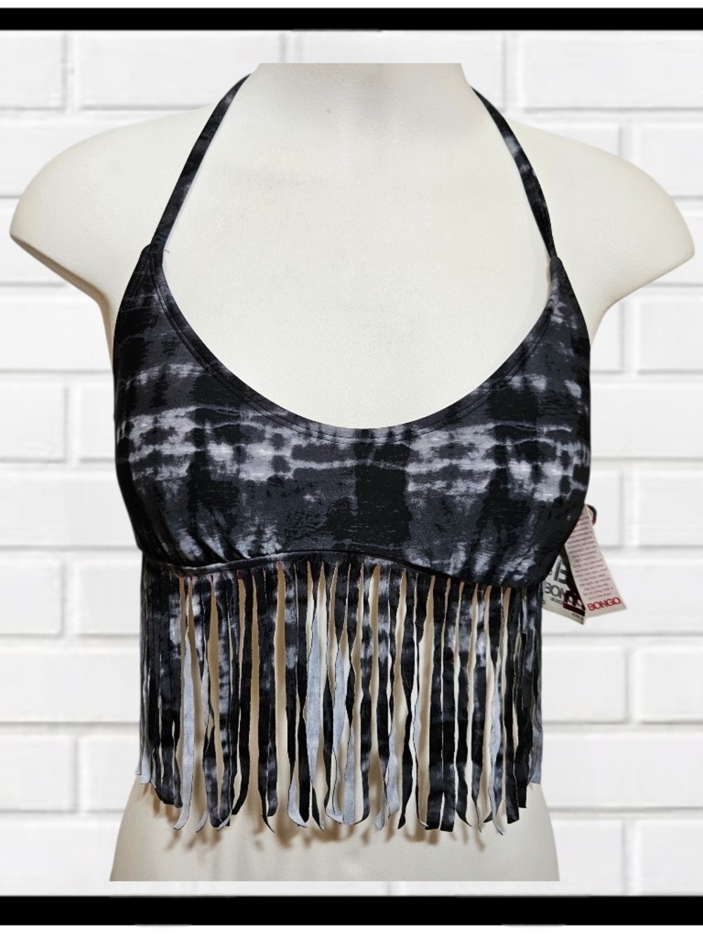 BONGO Black & Gray Tie-Dye Fringe Halter Crop Top
